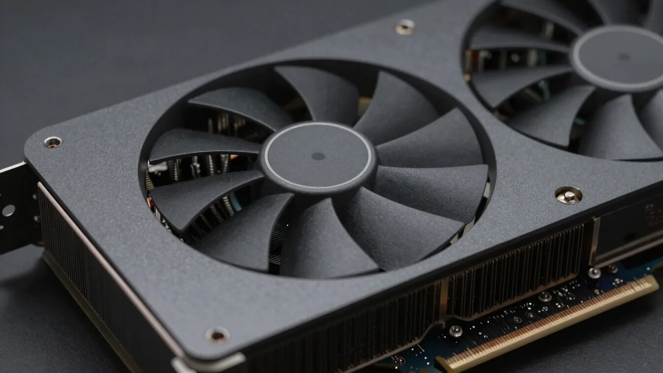 Close-up of a graphics card's heatsink fins and fan, dark graphite tone, soft studio lighting, sharp focus on texture.