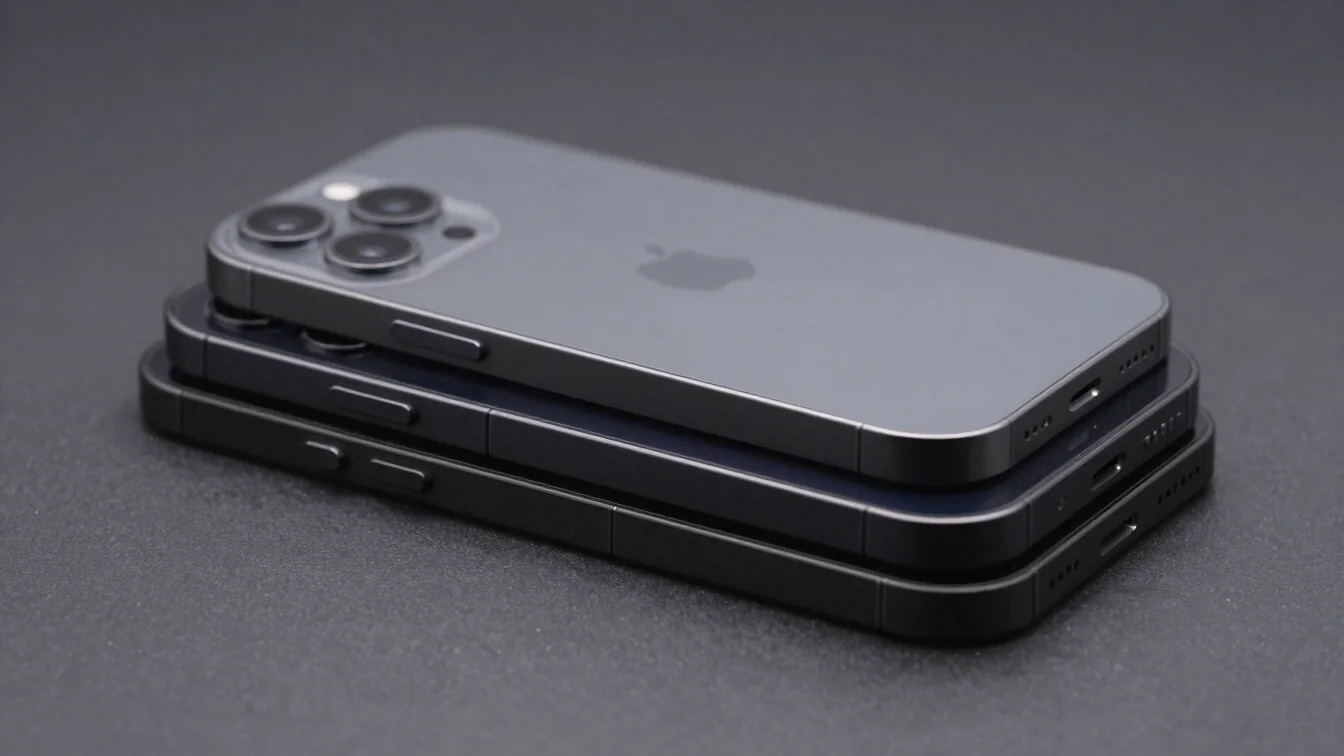 Stack of three modern smartphones on a dark graphite background,
