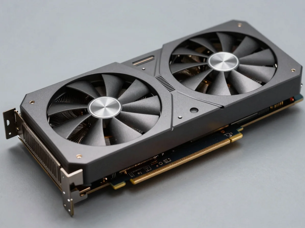 Close-up of a high-end graphics card, dark graphite tone, soft studio lighting, sharp focus, macro details