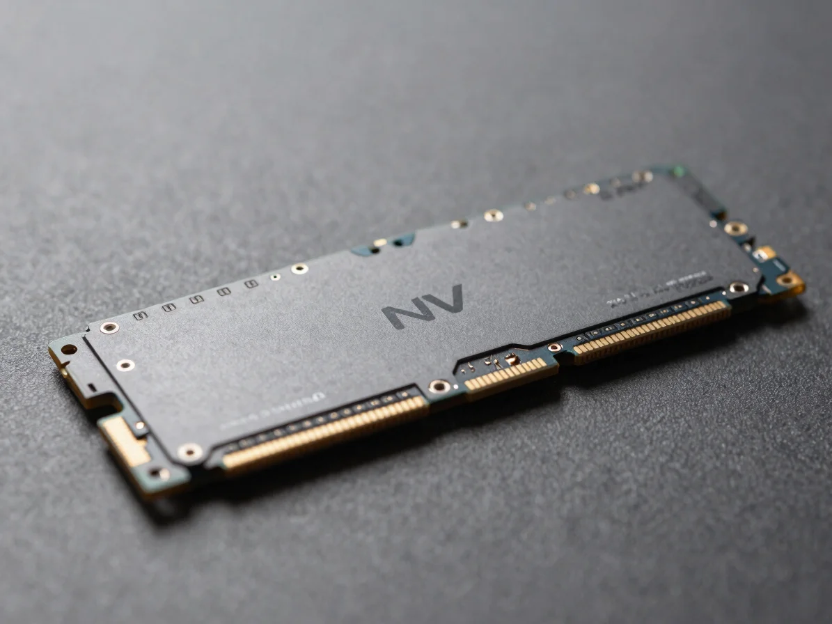 Close-up of an NVMe SSD drive, dark graphite tone, soft studio lighting, sharp focus, macro details