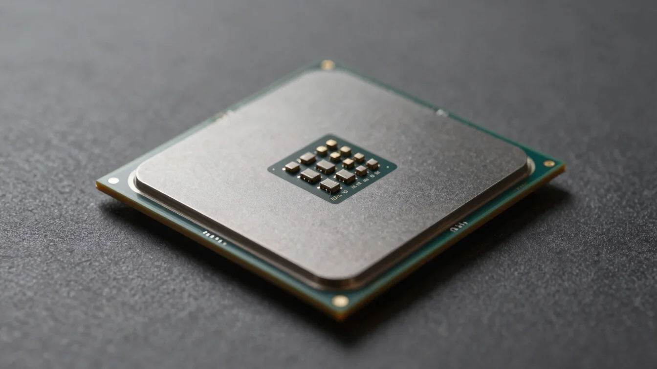 Macro shot of a CPU die, clean tech editorial product photography