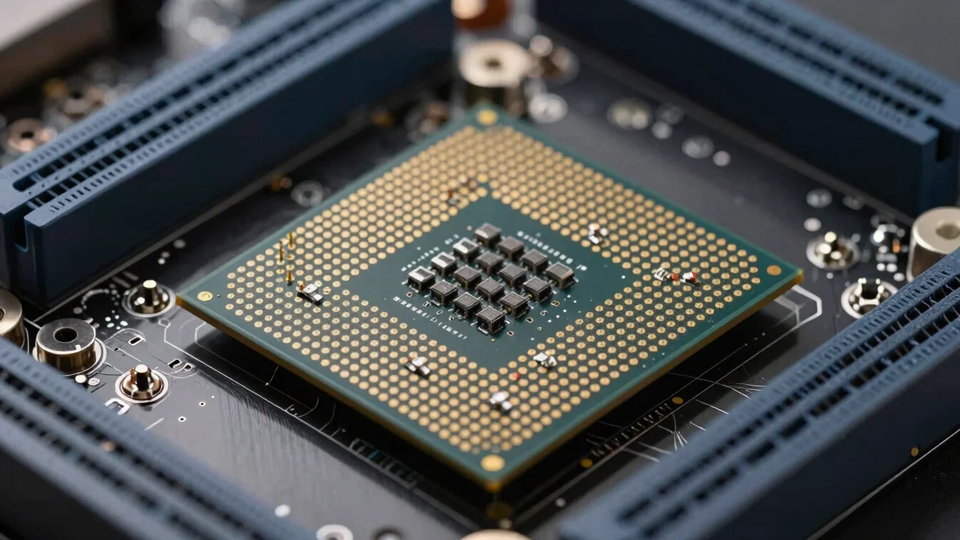 Macro shot of a CPU being gently placed into a motherboard socket, dark graphite tone, soft studio lighting, sharp focus