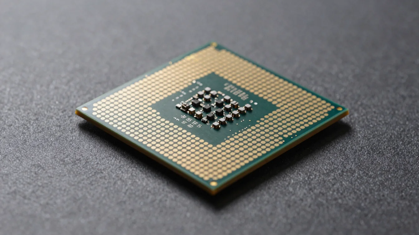 Close-up of a modern CPU on a dark graphite background, soft stud